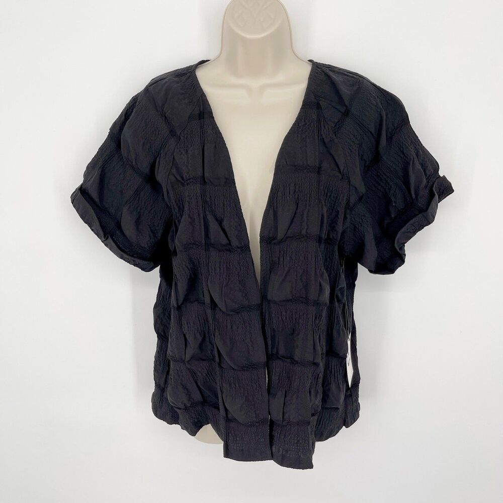 Callahan Revolve Open Front Top NEW Sz S Black Crinkle Stretch Short Sleeve